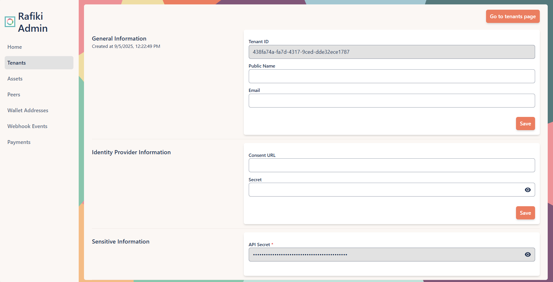 A screenshot of the Rafiki Admin application user interface displaying the "Edit Tenant" section. It shows several text fields configured for an existing tenant. This page is used to view and edit tenant details.